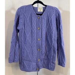 Irish Merino Wool Cable Knit Cardigan Connemara Knitwear Lilac XS/S Ireland